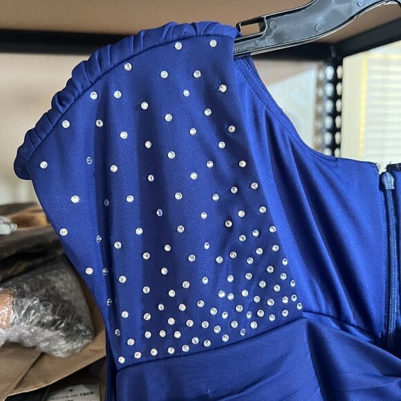 Alex Evenings Plus Size Ruched Rhinestone-Detail Gown 18W Electric Blue - Picture 3 of 10